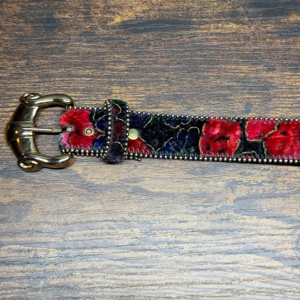 Vintage Floral Velvet Belt Womens Medium Large Red Blue Gold Buckle Studded Trim